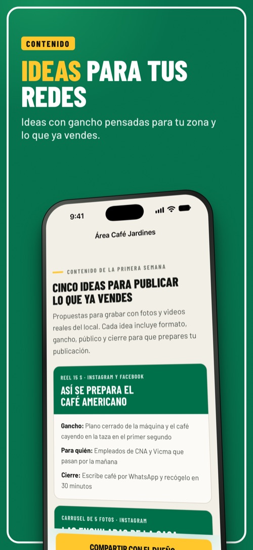 Captura real de Trafficker iOS: cinco ideas de contenido del estudio de Área Café Jardines